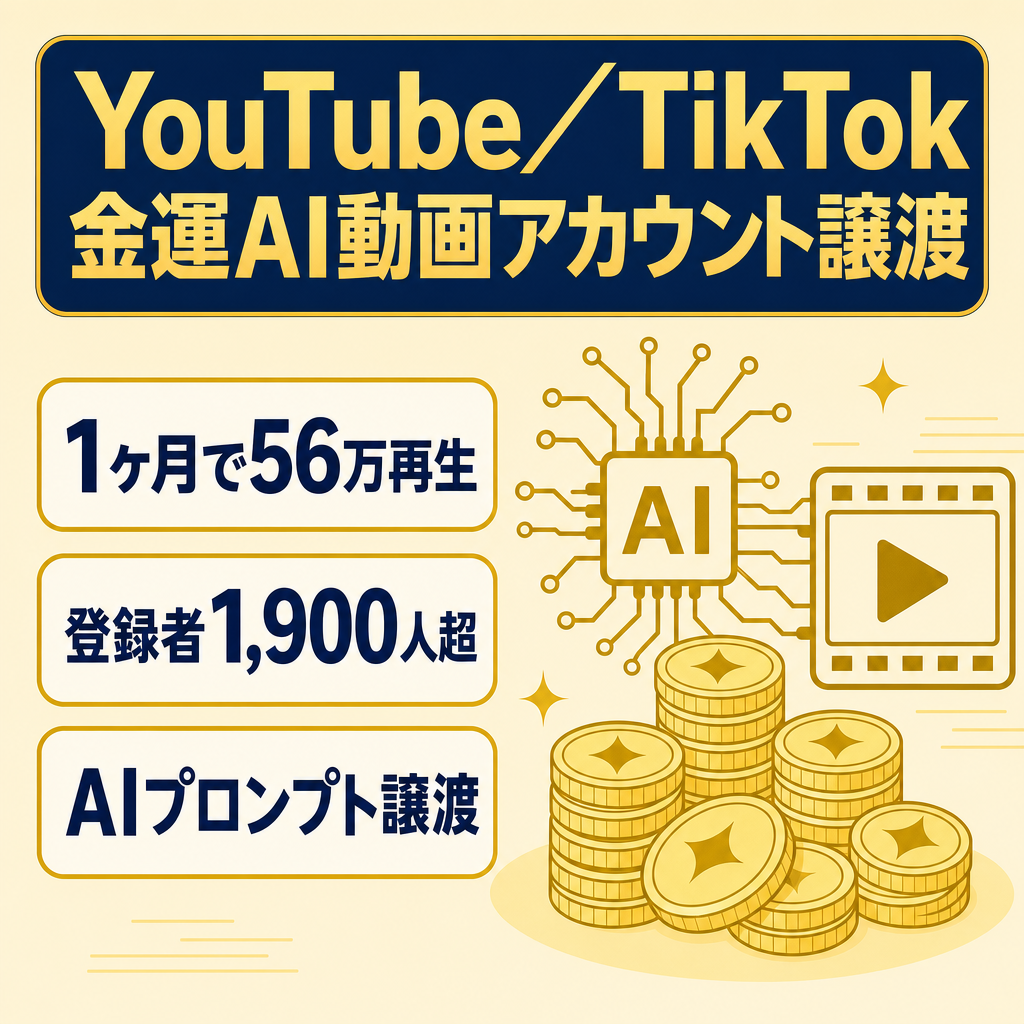 【YouTube＋TikTokセット】運用1ヶ月で計56万再生・登録者1,900人超！金運特化AI動画アカウント（プロンプト譲渡・属人性なし）