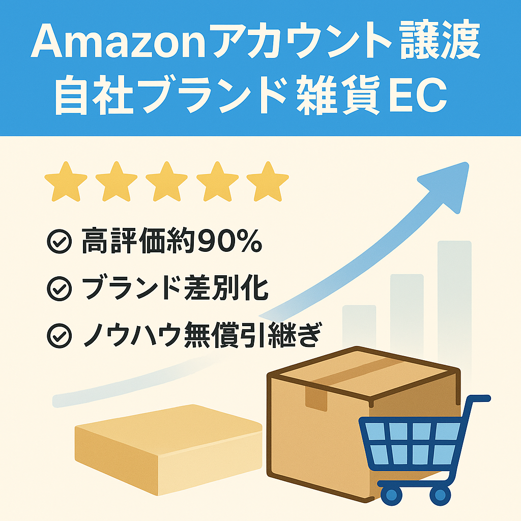 EC事業：【ブランド登録済 Amazonアカウント事業譲渡】2020年運営開始 自社ブランド雑貨 販売 引当金なし 高評価90%弱優良アカウント