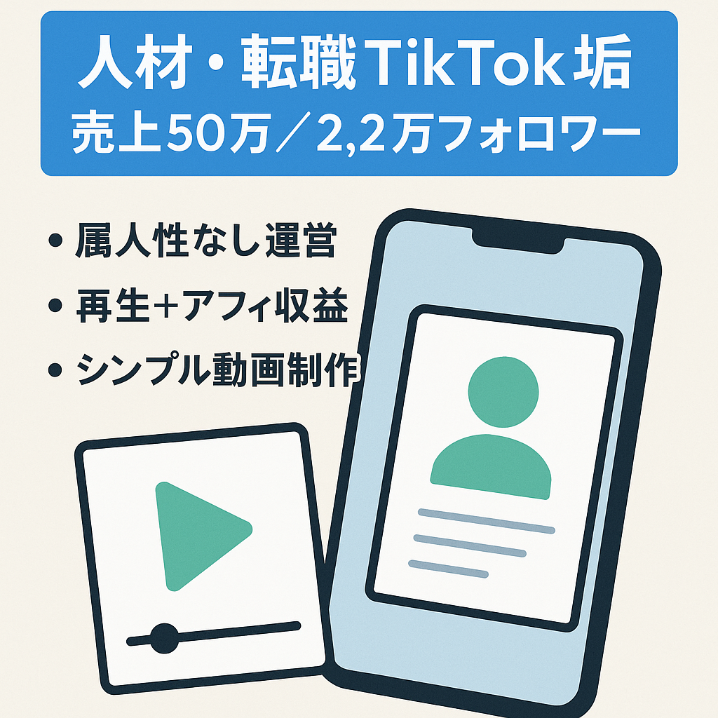 【訳アリ】【Tiktokフォロワー2.2万人 属人性無し 収益化済み】運営4か月で月売上50万達成！人材、転職情報に特化したTiktokアカウント