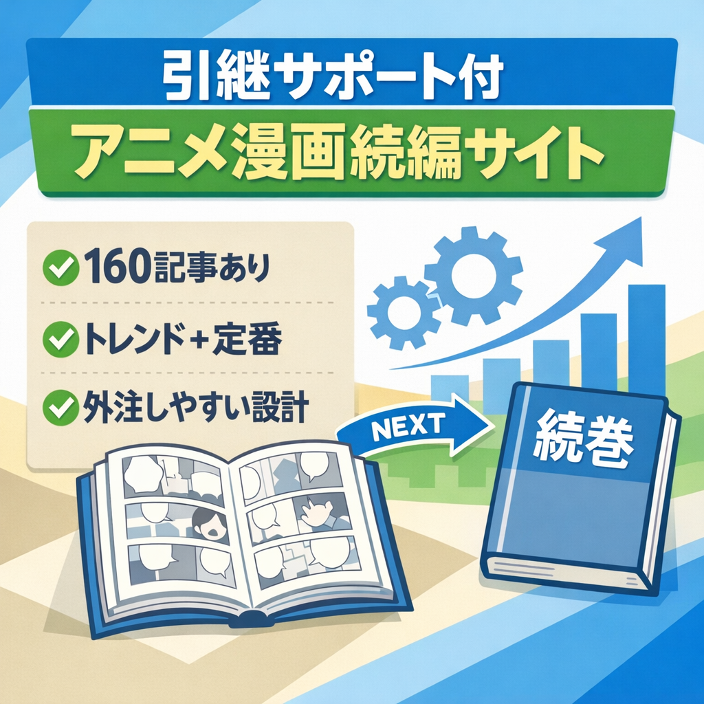 【引継サポート】アニメ・漫画「続編」特化サイト｜160記事｜SEO最適化済み｜VOD・電子書籍AFF高成約｜トレンド＆ストックの二段構え