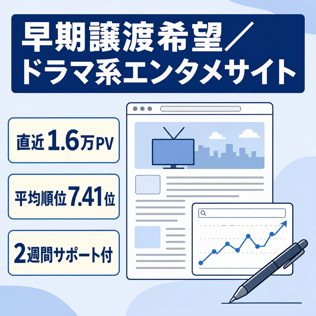 【早期譲渡希望】150記事・直近1.6万PV・SEO平均7位台のドラマ系エンタメサイト！3大特典＆2週間サポート付（価格交渉可）