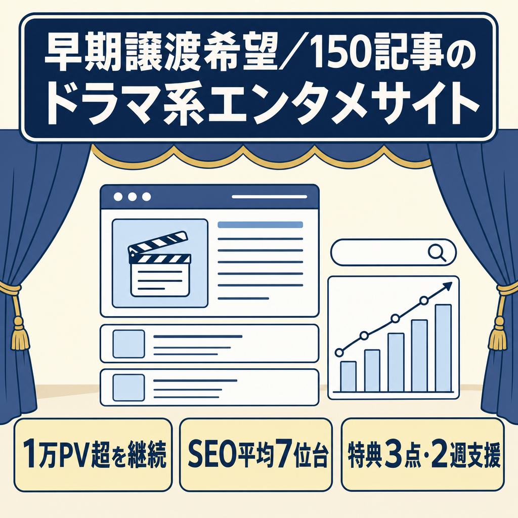 【早期譲渡希望】150記事・連続1万PV超・SEO平均7位台のドラマ系エンタメサイト！3大特典＆2週間サポート付（価格交渉可）