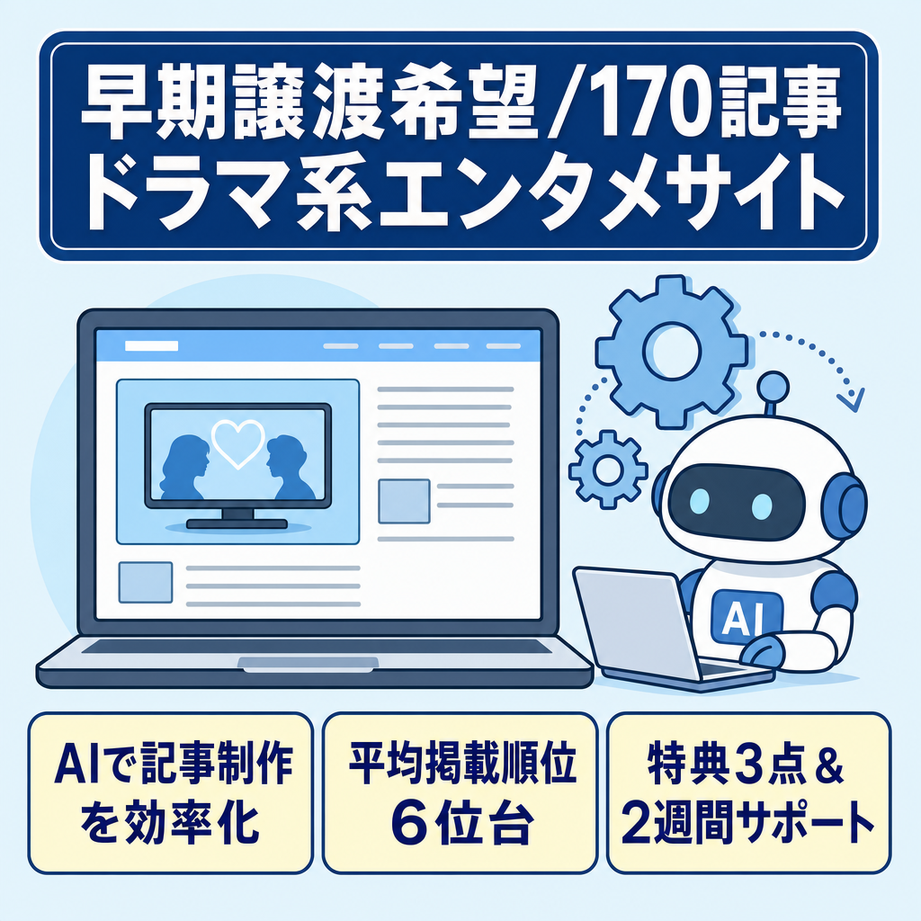 【AIで記事量産可能・早期譲渡希望】170記事・連続1万PV超／SEO平均6位台のドラマ系エンタメサイト！AIプロンプト等3大特典付