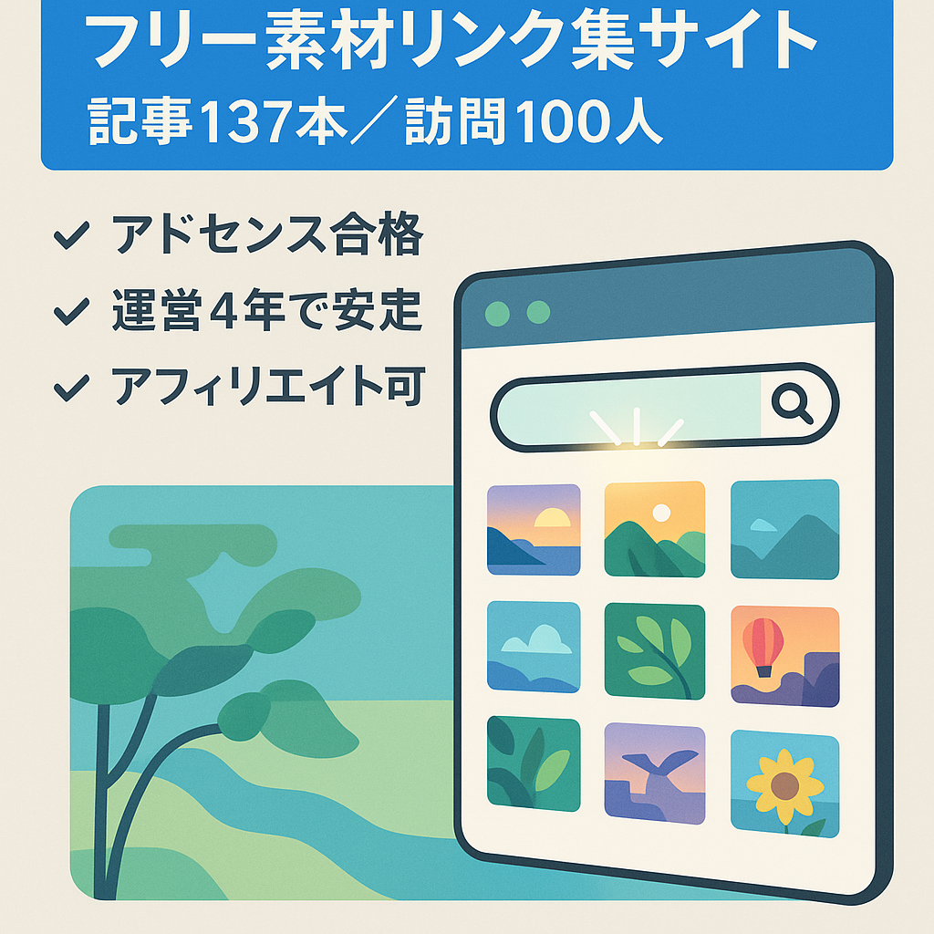 アフィリ可能、記事137件、グーグルインデックス250件、平日UU一日100人程のフリー素材サイトリンク集