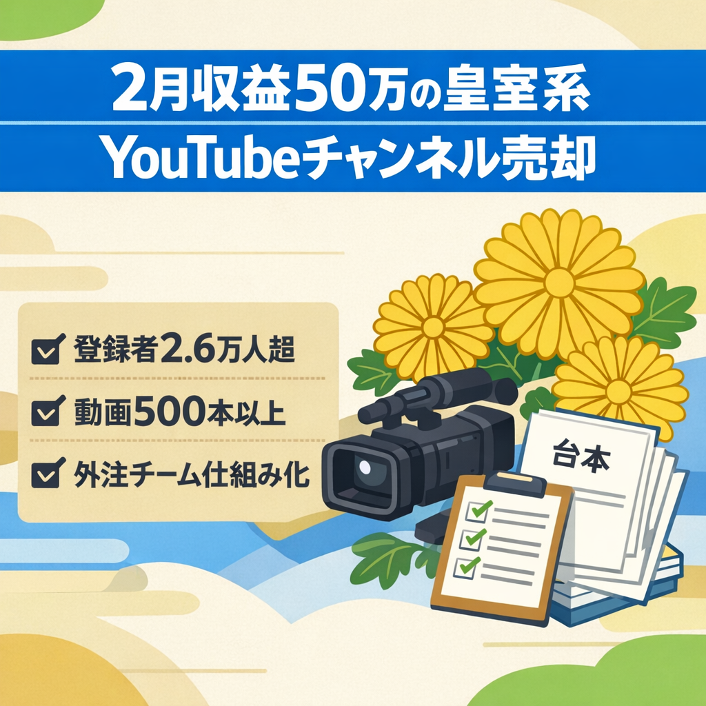 【2月収益50万】皇室系YouTubeチャンネル！登録者2.6万人超・500本以上投稿・外注チーム仕組み化＆マニュアル整備済！【1年半以上長期運営】
