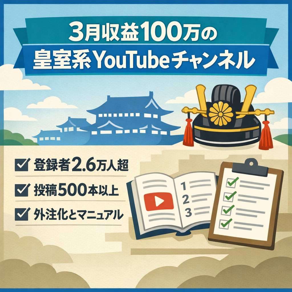 【3月収益100万】皇室系YouTubeチャンネル！登録者2.6万人超・500本以上投稿・外注チーム仕組み化＆マニュアル整備済！【1年半以上長期運営】