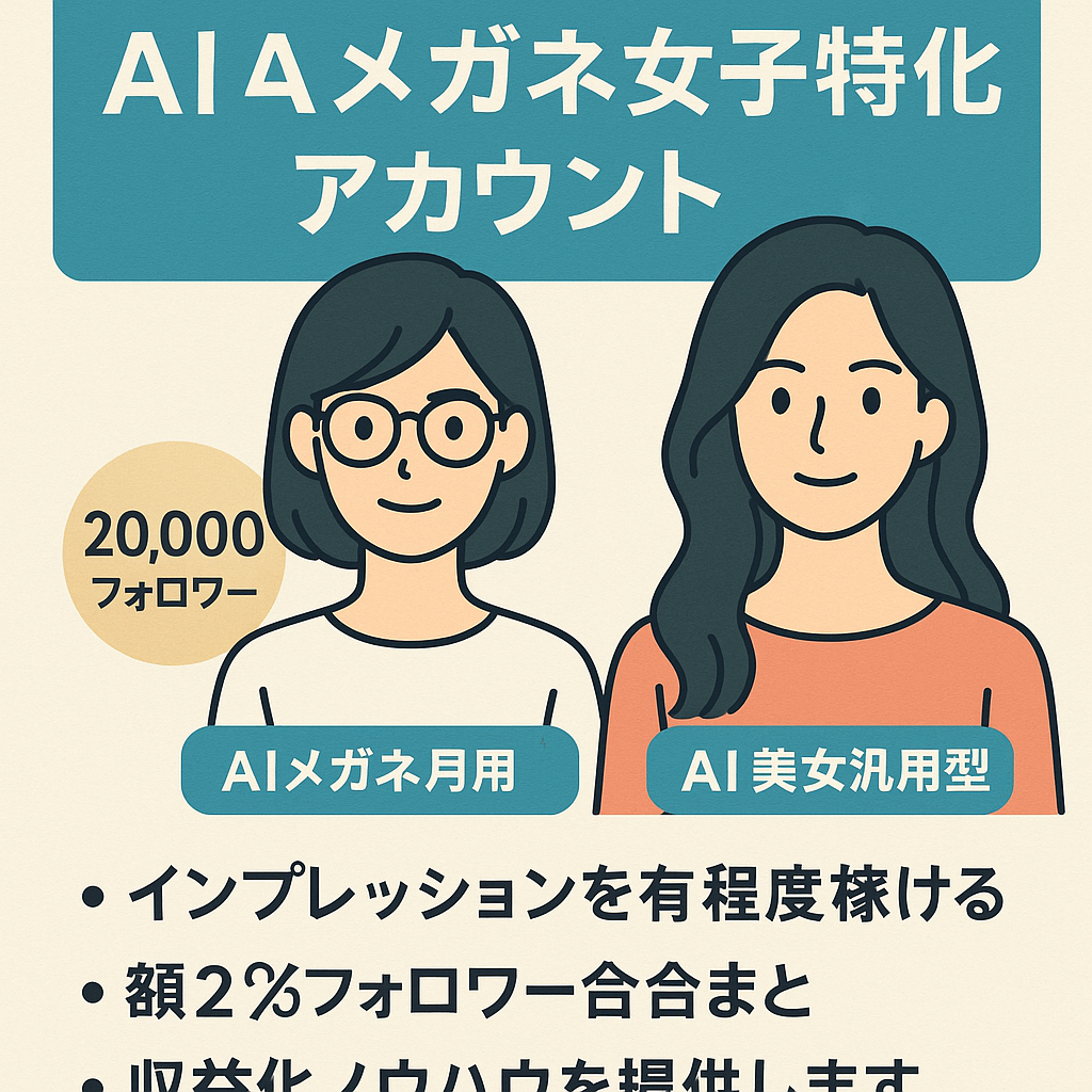 【X（旧twitter）】メイン・サブ合わせて約2万フォロワー【AIメガネ女子特化アカウント】+【AI美女汎用型アカウント】生成用プロンプト・オリジナルワイルドカード付き