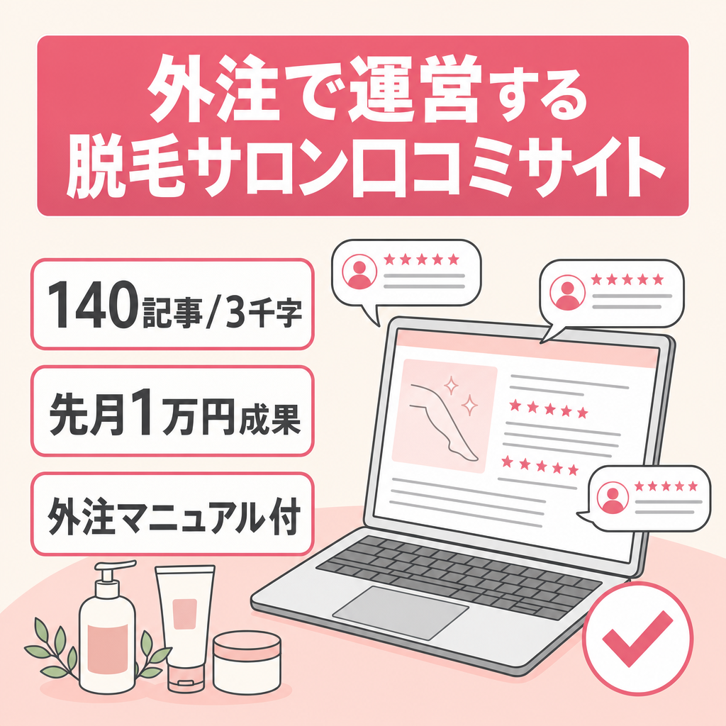 【記事数140以上】先月１万円成果発生！外注で運営の脱毛サロン口コミサイト※外注化マニュアル&サポート付き