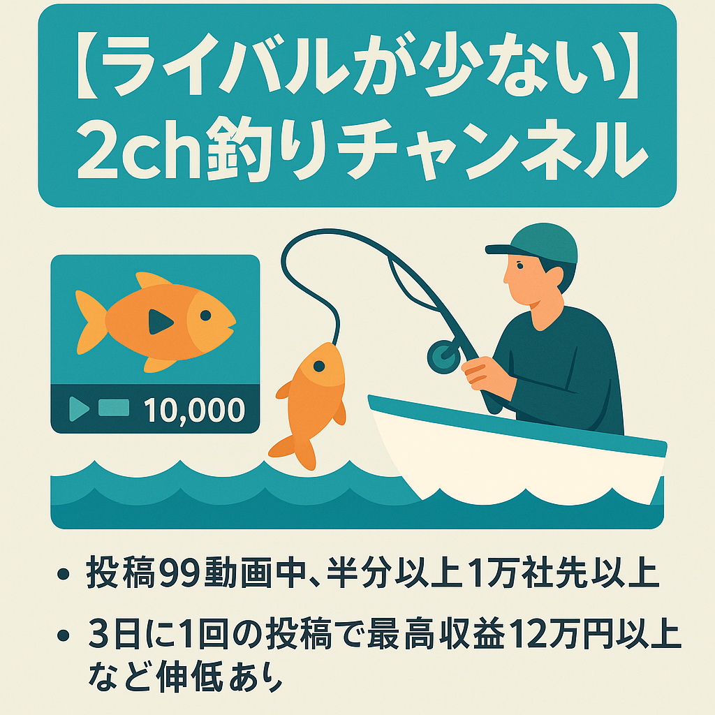 早いもの勝ち！【ライバルが少ないジャンル&3カ月以内に収益化 】登録者2628人越え・属人性なし・収益化済！2ch魚釣りチャンネル