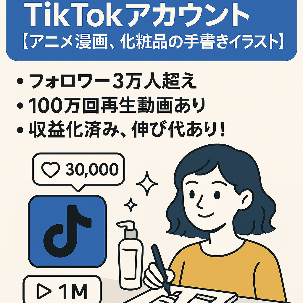 収益化済み！TikTokアカウント、フォロワー3万人超⤴️　100万回再生所持　［アニメ漫画、化粧品の手書きイラスト］