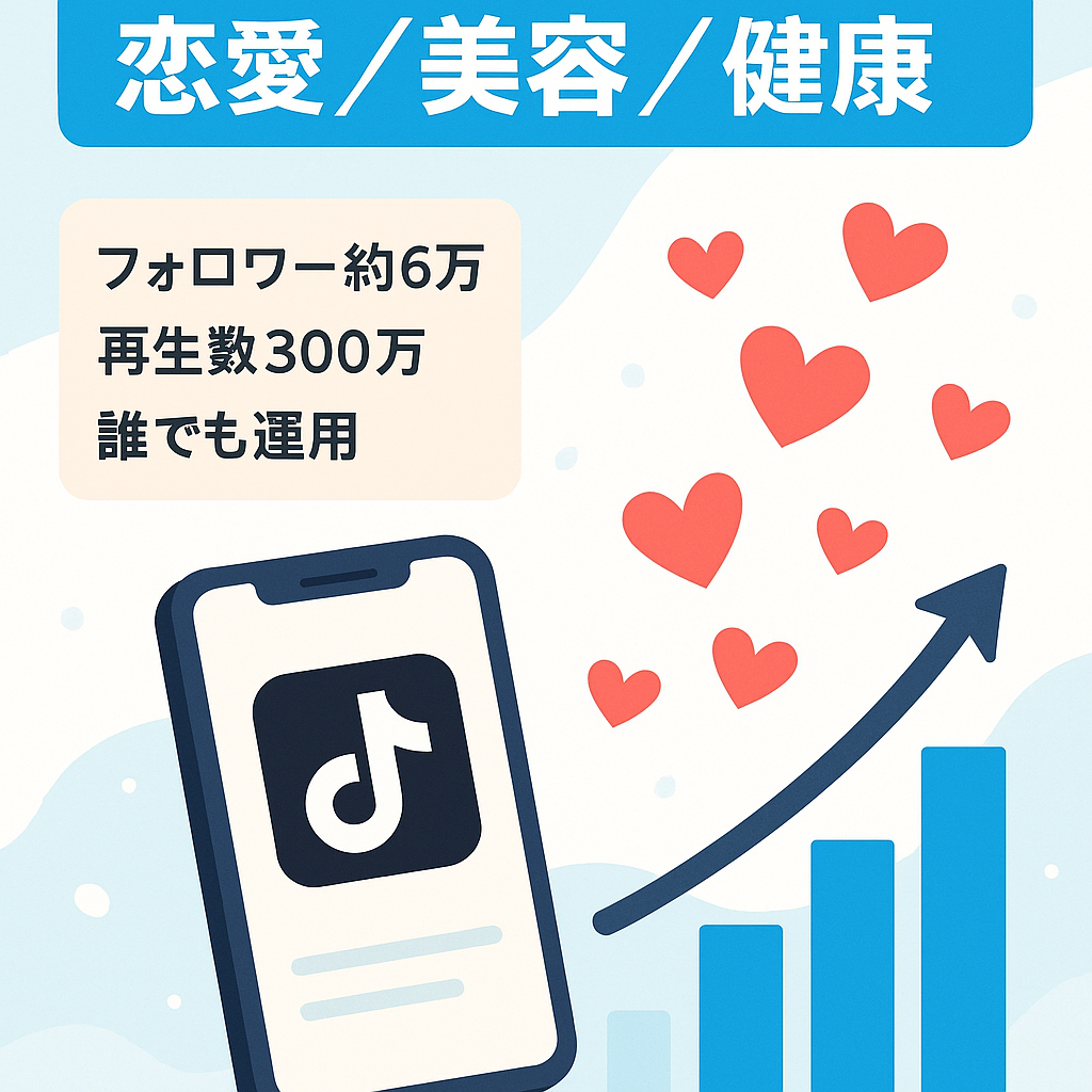 【TikTokフォロワー約6万人以上】開始１週間でフォロワー1万人！総再生数3M以上！収益化しやすい人気ジャンルの恋愛・美容・健康アカウント！属人性無し！