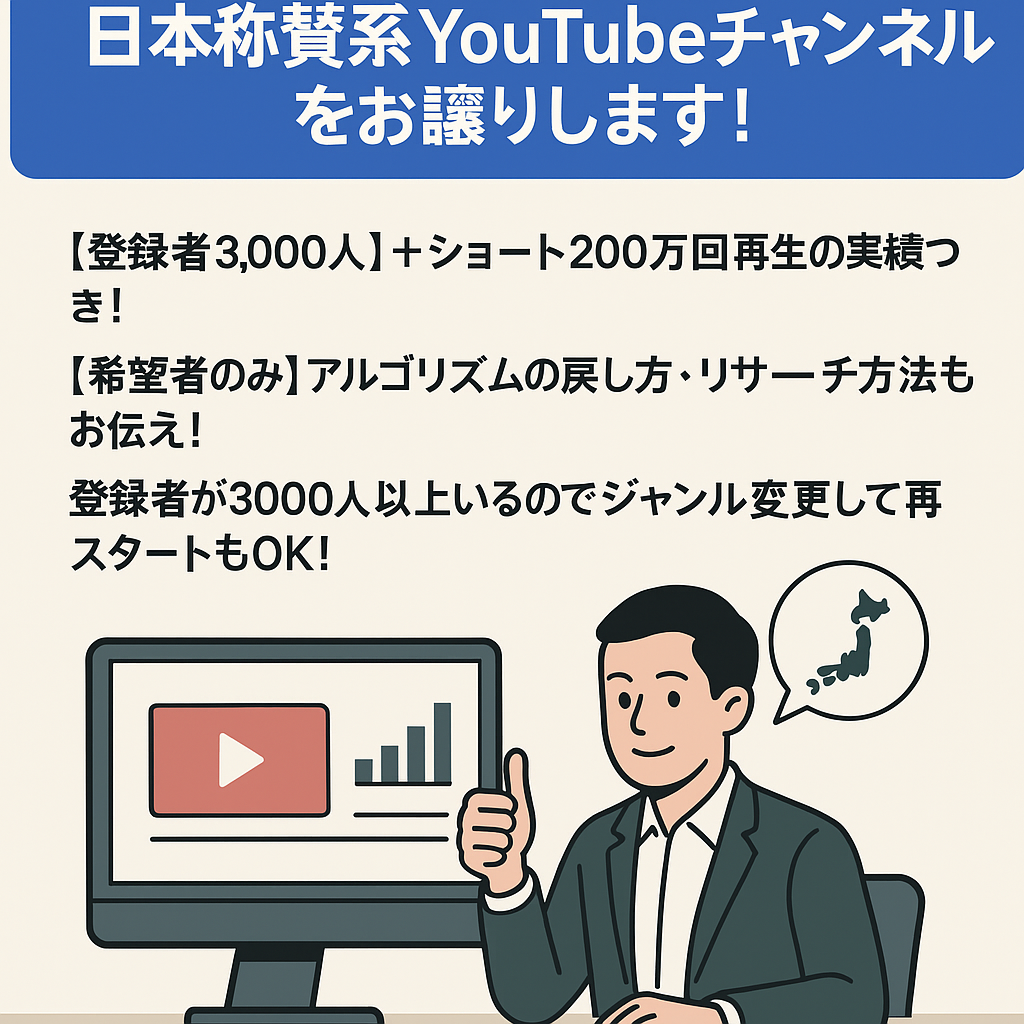 【収益化目前／ジャンル変更可／ショート200万再生】日本称賛系YouTubeチャンネルをお譲りします！