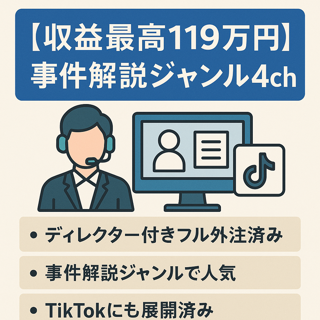 【収益最高119万円・フル外注・登録者合計6万】事件解説の関連チャンネル4つセットで譲渡・ディレクター引き継ぎ可・TikTok7000人・同ジャンル複数ch運営のため安定感あり