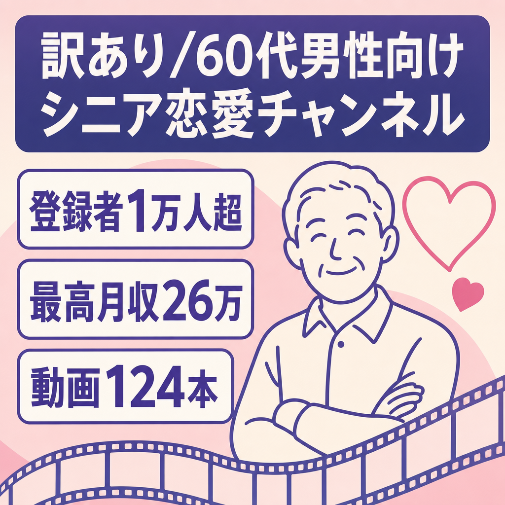 訳あり：【訳アリ】【登録者一万人・非属人】６０代男性向けシニア恋愛チャンネル【最高月収２６万・動画124本】