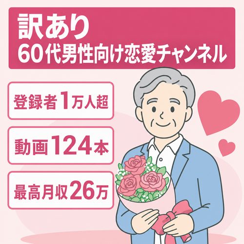 訳あり：【訳アリ】【登録者一万人】６０代男性向けシニア恋愛チャンネル【最高月収２６万・動画124本】