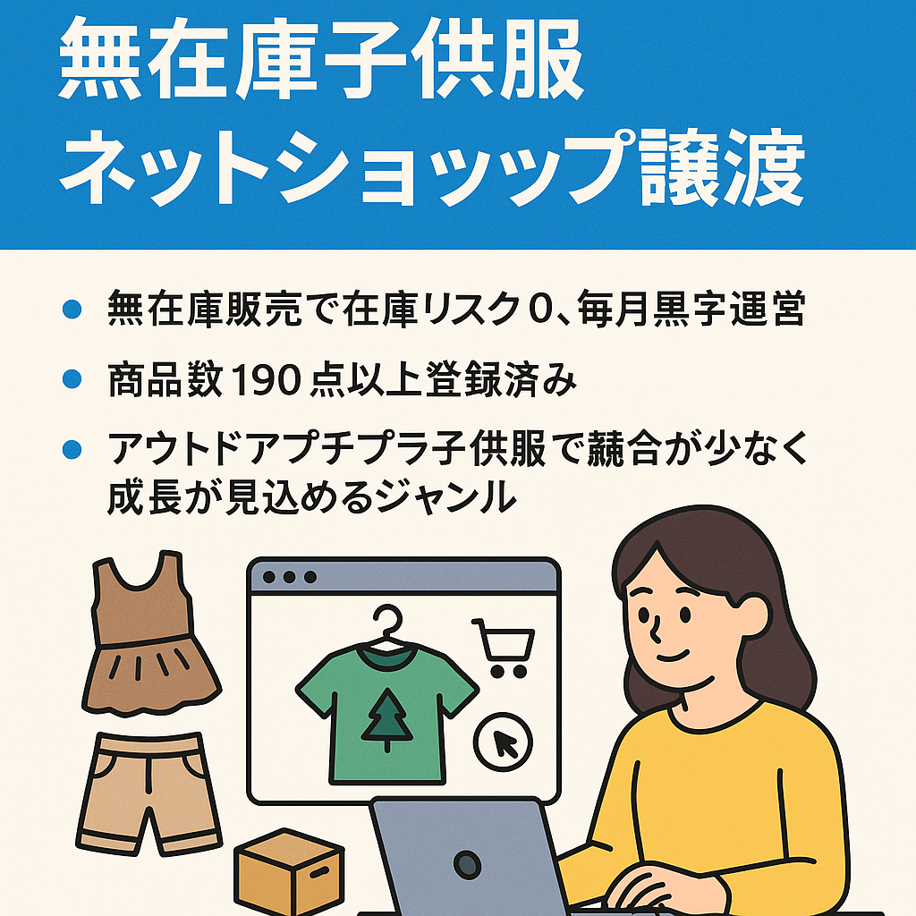 【1人運営で毎月黒字・未経験でも可能！】無在庫子供服アパレルネットショップ譲渡