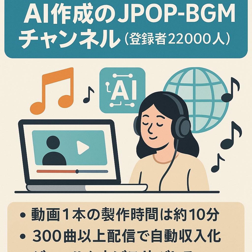 【過去1年利益200万】AI作成JPOP-BGMチャンネル（登録者22000人）＋全世界音楽配信