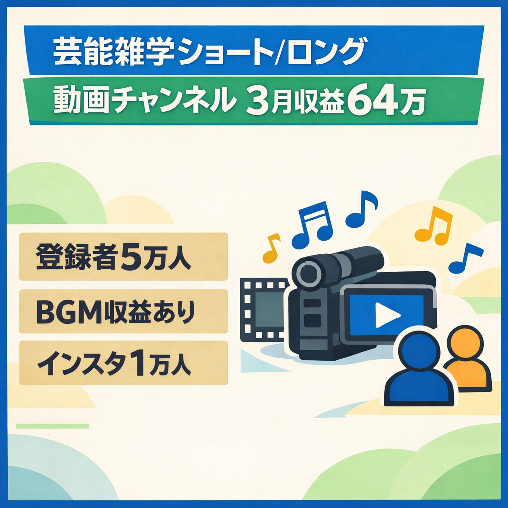 【3月収益64万円/外注済み】【登録者5万人＋Instagram1万人】芸能雑学ショート+ロング動画【広告収益+BGM収益】