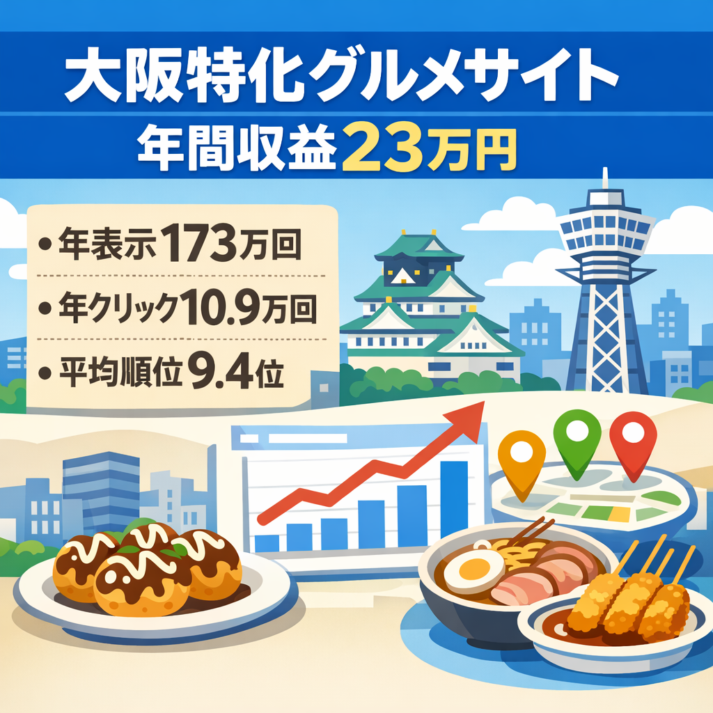 ＊年間収益23万円＊大阪特化のグルメサイト！年間表示173万・クリック10.9万・平均順位9.4位