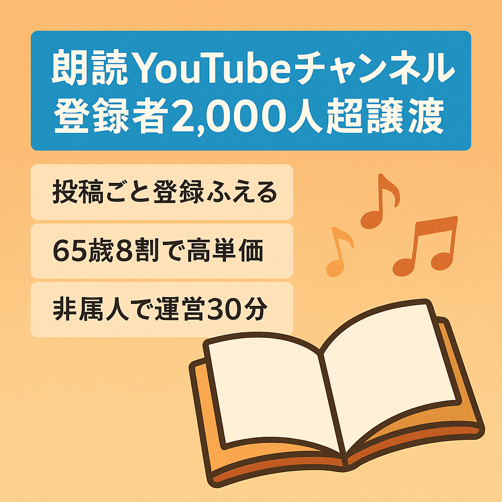 シニア向け朗読YouTubeチャンネル譲渡案件｜登録者数2,000人以上！運営の仕方もお伝えします。