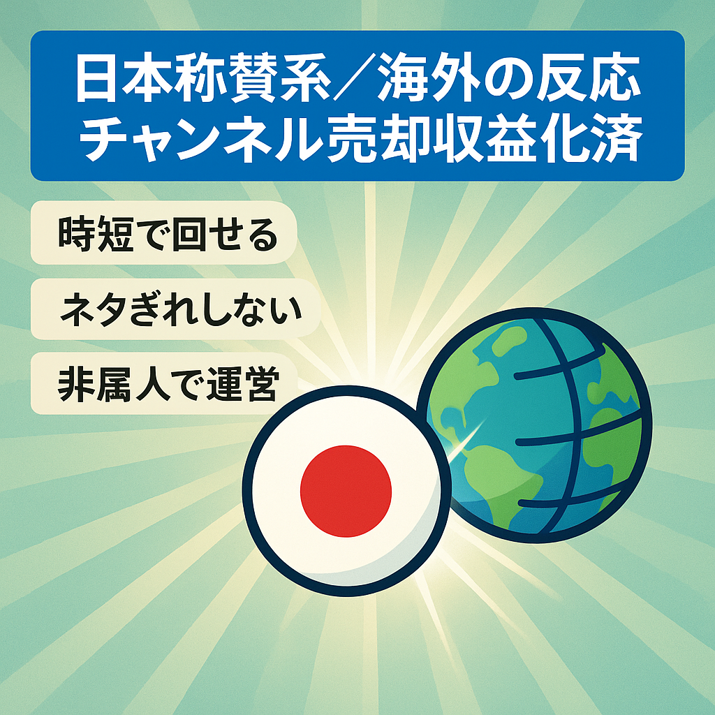【投稿開始から21投稿で収益化】人気の日本称賛系・海外の反応ジャンル、収益化から間もないので成長途上！非属人で再現性が高い！早期売却希望なので値下げ交渉◎