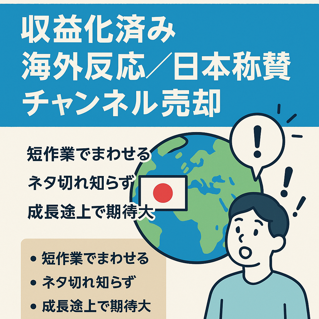 【収益化済み】非属人で再現性が高く大人気の日本称賛系・海外の反応ジャンル、収益化から間もないので成長途上！早期売却希望なので値下げ交渉◎
