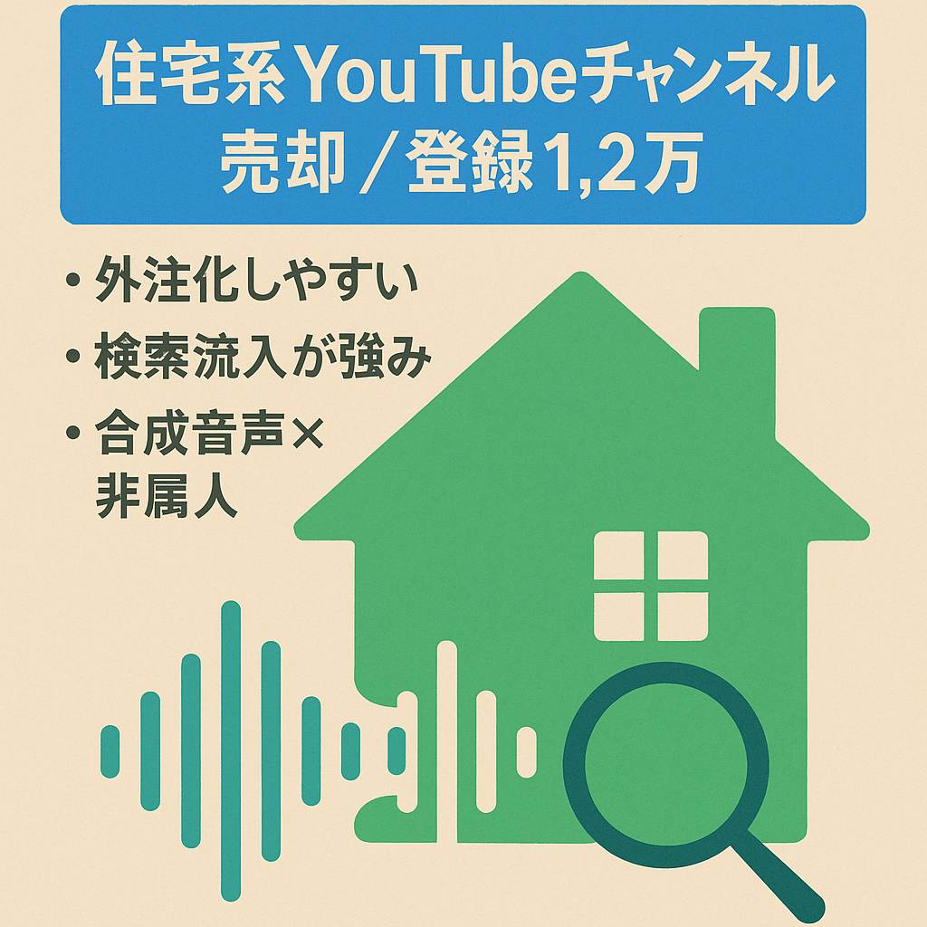 登録者1.2万【非属人×住宅系】youtubeチャンネル売却　外注化可能／大手HM提携打診あり／法人向け