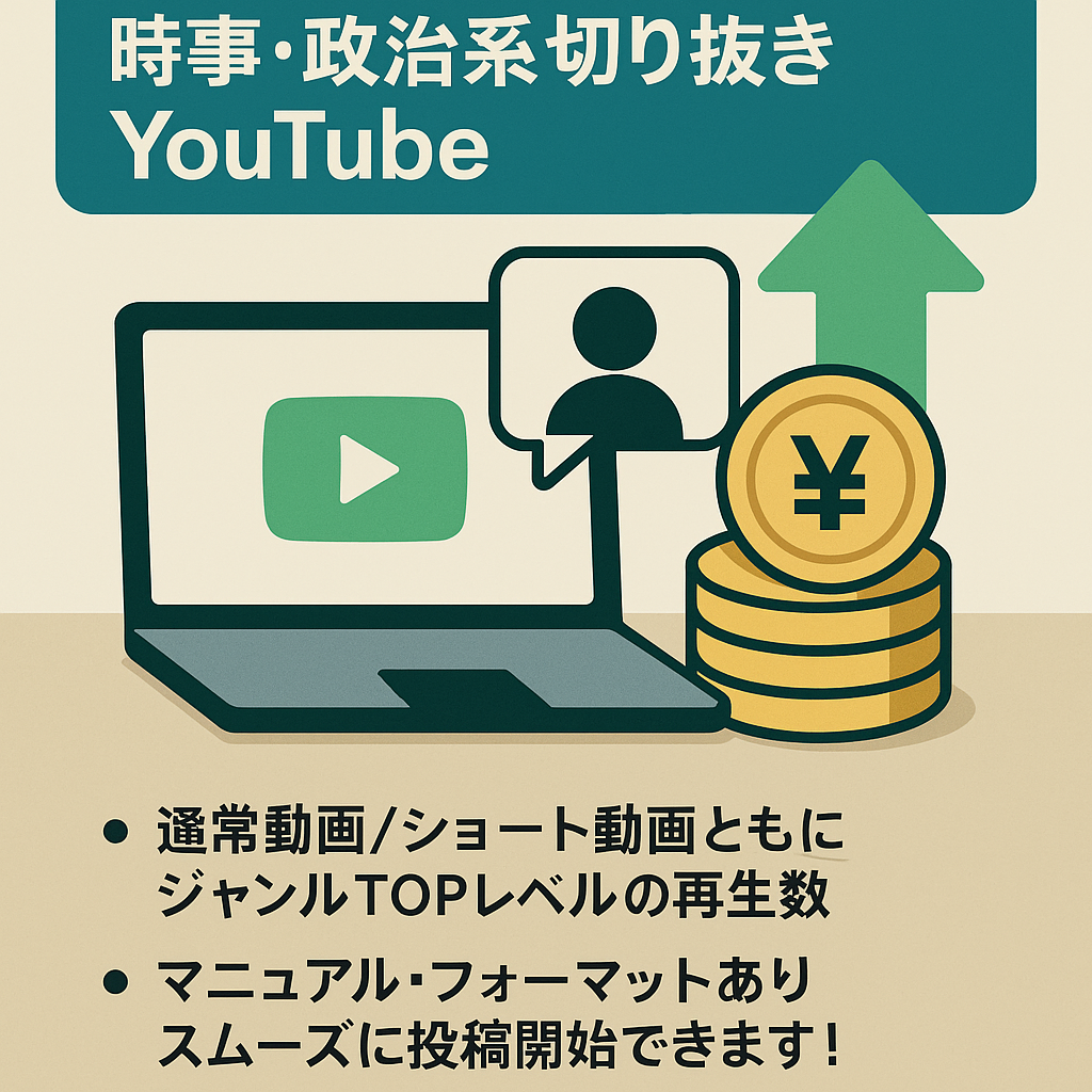【登録者8万人↑総再生数1.3億回↑3月利益350万円超見込み】非属人/顔・声出し撮影一切不要/フル外注化可能/切り抜きYouTubeチャンネル(時事・政治系)