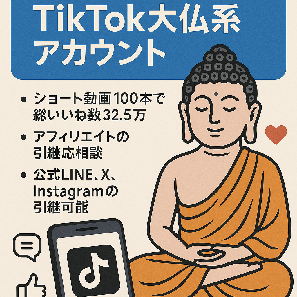 フォロワー3.2万人のTikTok大仏系アカウント（公式LINE登録者1300人、属人性なし、アフィリエイト引継応相談）