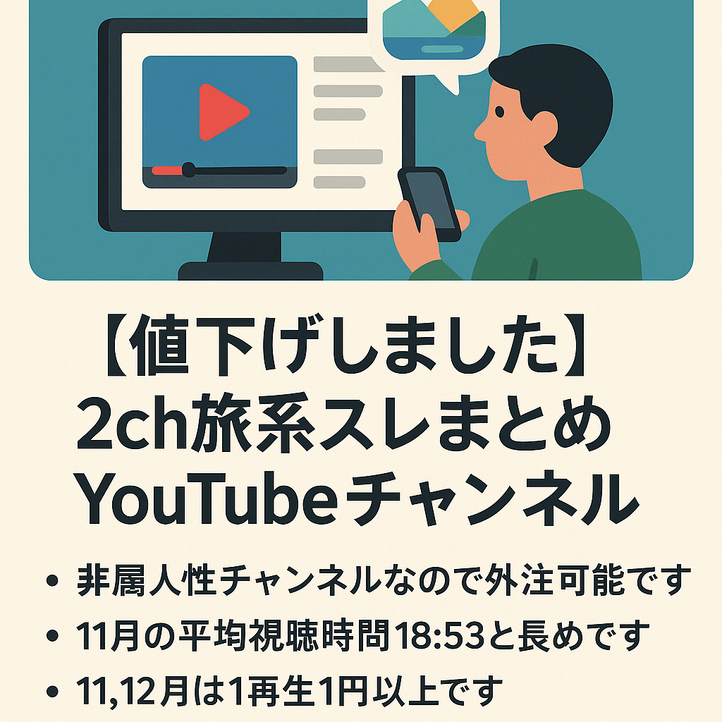 【値下げしました】2ch旅系スレまとめYouTubeチャンネル【1再生1円以上/属人性なし】