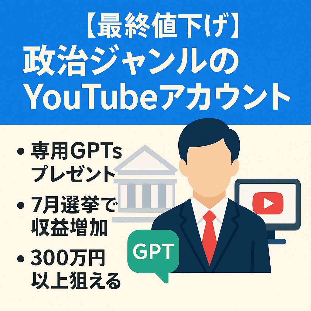 ※5月31日まで最終値下げ！月300万円以上狙える！7月選挙で需要急増中！激アツ政治ジャンルYouTubeアカウント