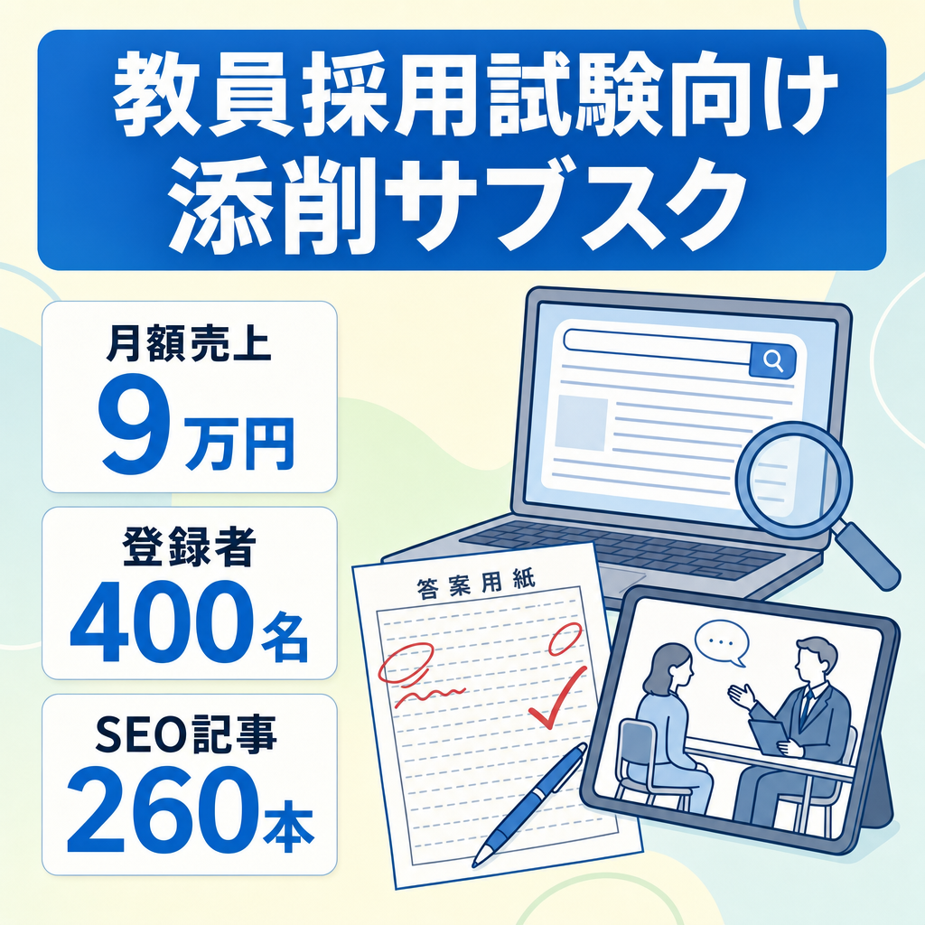 【MRR9万円・登録400名】教員採用試験のAIサブスクSaaS｜SEO記事260本で集客