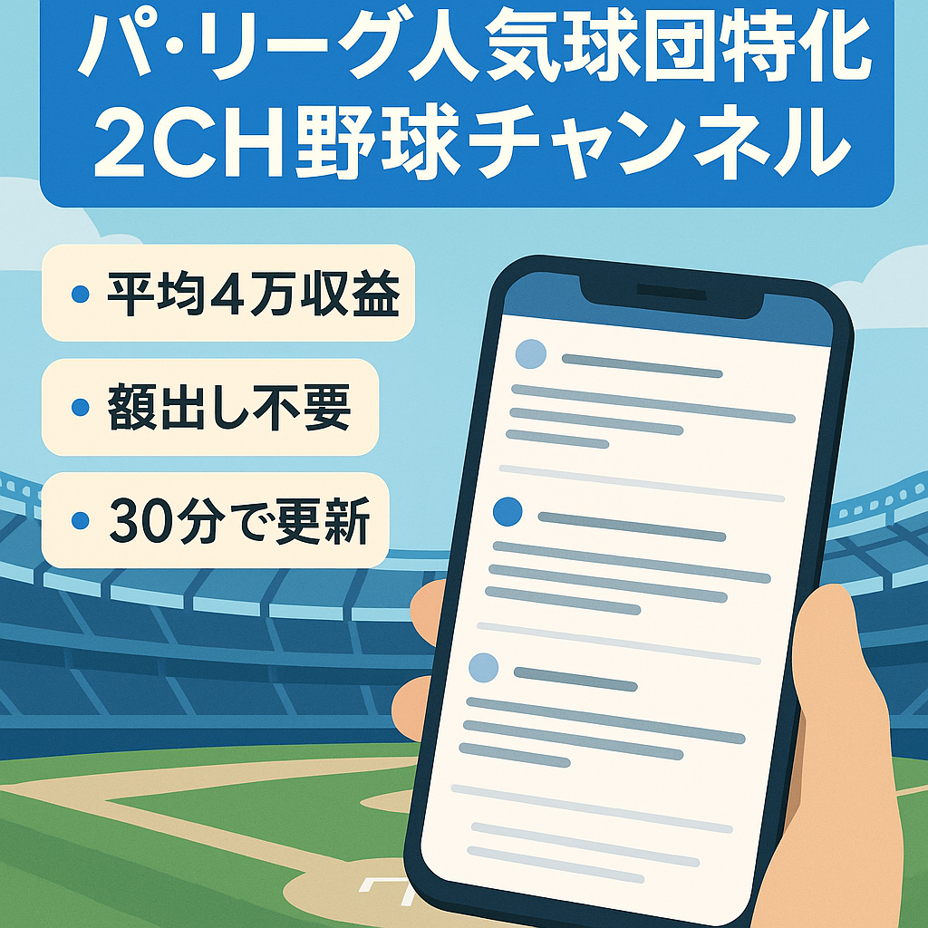 【直近5カ月平均4万収益】 パ・リーグの人気球団 特化の2CH 野球チャンネル 【顔出しなしの為副業向き】