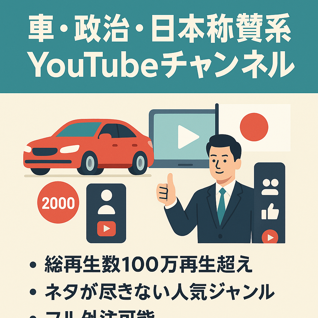 【即日販売可能！/総再生100万超え／登録者2000人／ショート万再生多数】車・政治・日本称賛系YouTubeチャンネル譲渡