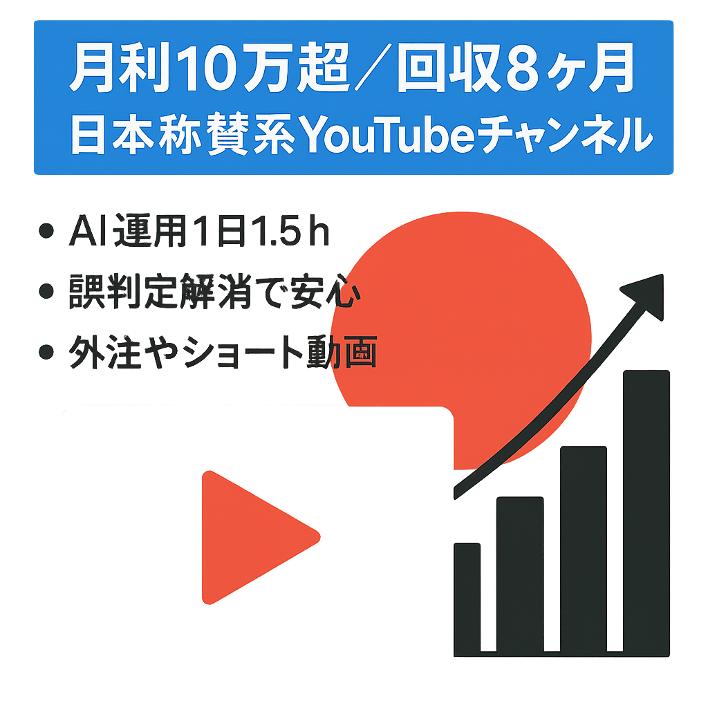 【月利10万超／回収8ヶ月】登録者1.6万人・日本称賛系チャンネル。AI活用で1日1.5hの超効率運用！YouTube公認の健全アカウント
