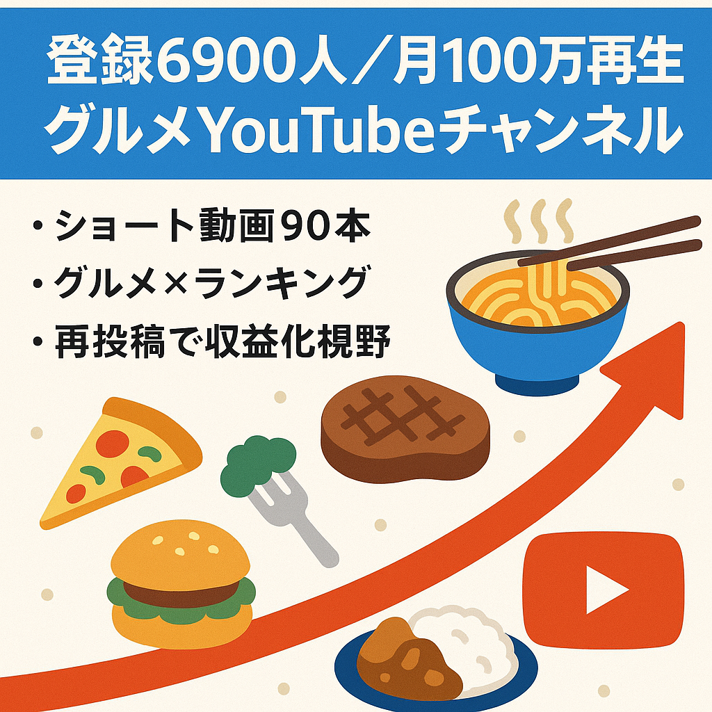 登録者6,900人／月間100万再生(10月実績)／ショート中心のグルメ・ランキング系YouTubeチャンネル