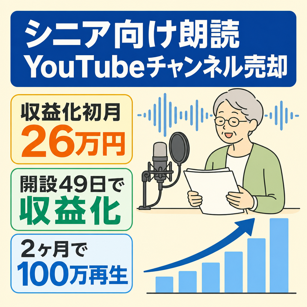 【収益化初月26万円・開設2ヶ月で総再生100万回超・登録者2,600人超】シニア向け朗読チャンネル｜AI台本＋生声ナレーション外注・運営マニュアル付