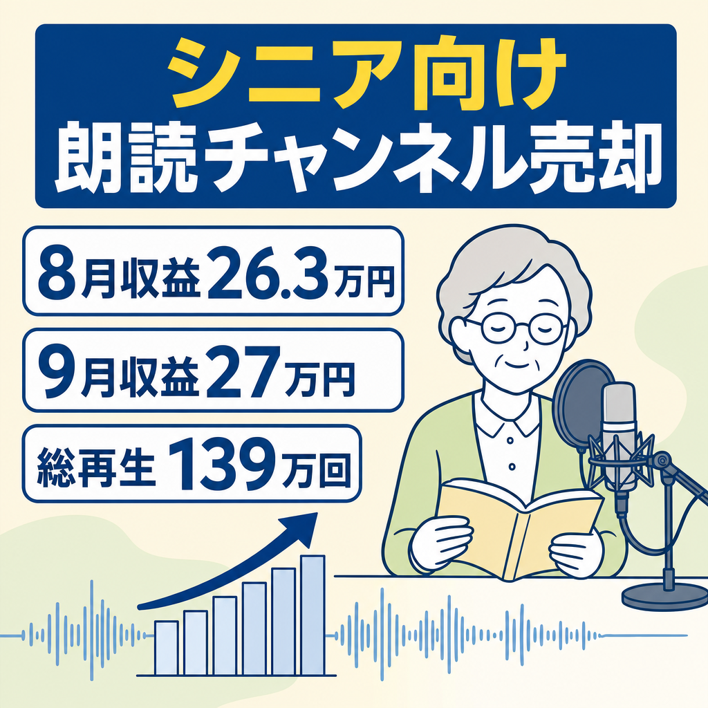 【2ヶ月連続収益26万円超・総再生139万回・登録者3,100人超】シニア向け朗読チャンネル｜AI台本＋生声ナレーション・編集を外注・運営マニュアル付