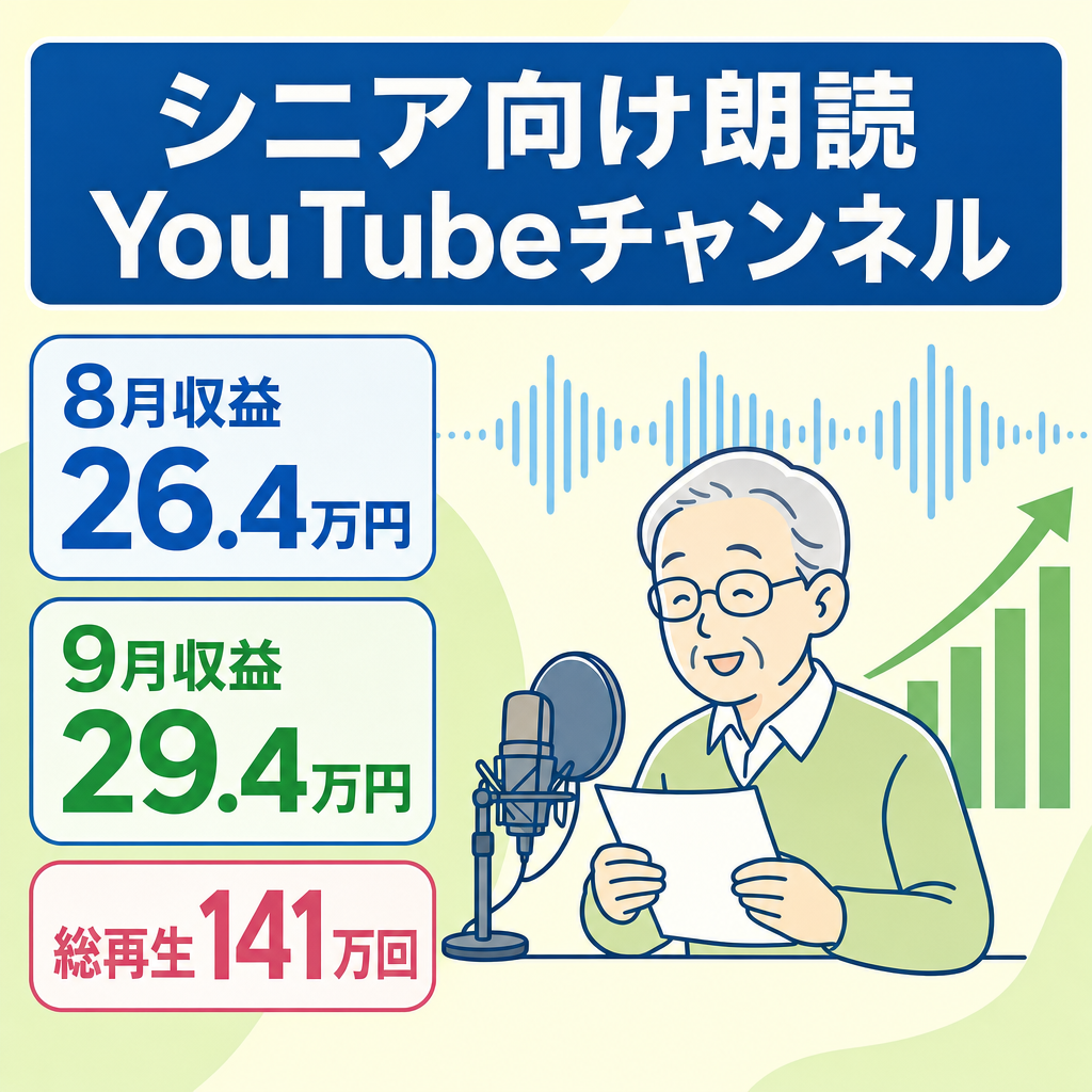 【収益8月26万円→9月29万円・総再生141万回・登録者3,200人】シニア向け朗読チャンネル｜AI台本＋生声ナレーション・編集を外注・マニュアル付