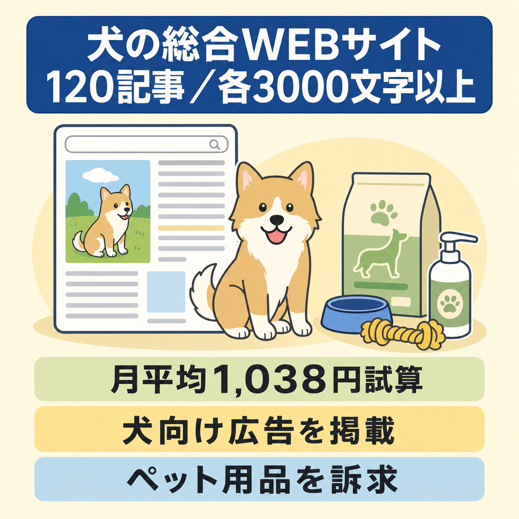 犬の総合WEBサイト120記事、1記事当たり3000文字以上