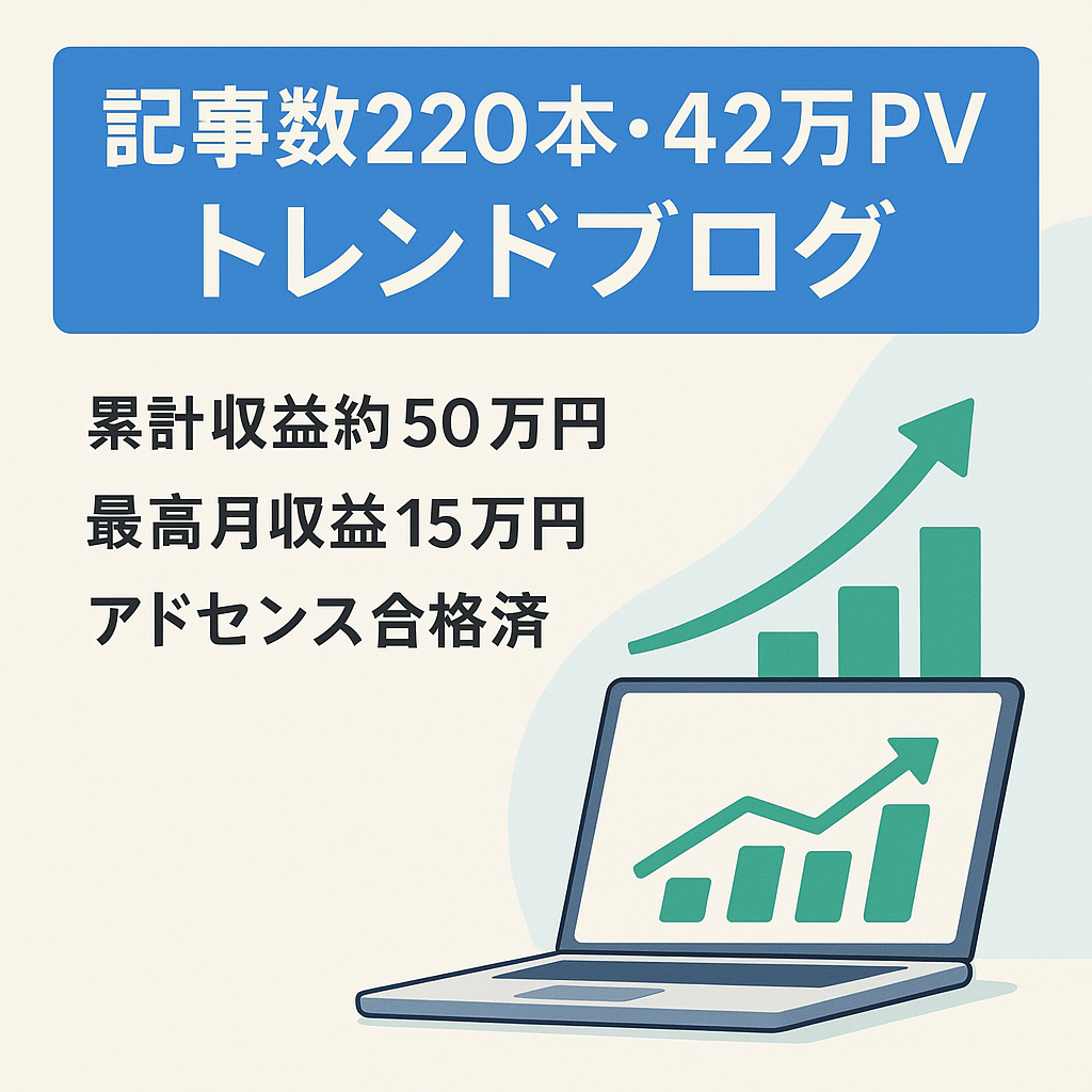 【記事数220本超＆累計収益50万円】アドセンス合格済み！最高42万PVのトレンドブログ