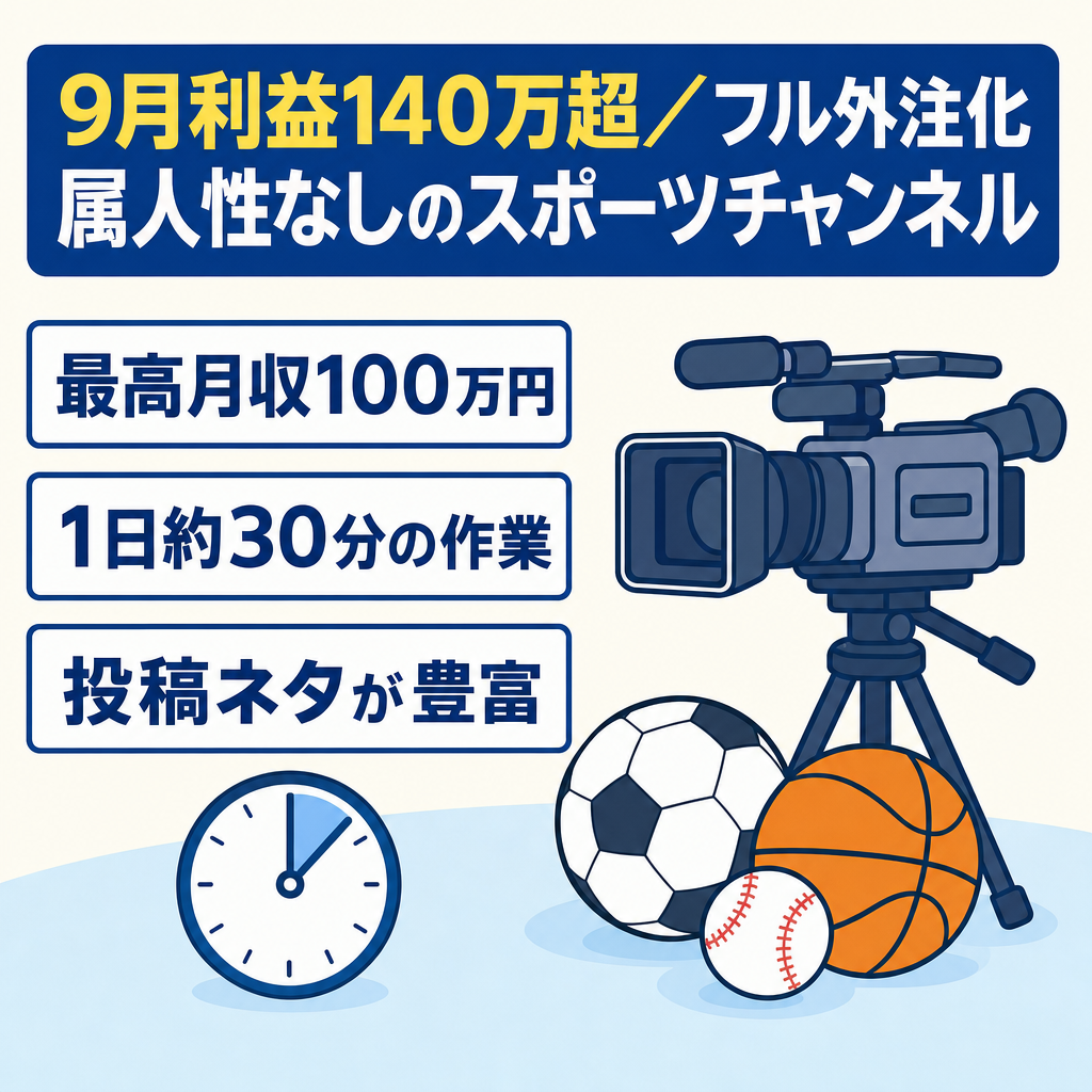 【9月利益140万超え】成長中のスポーツ系チャンネル【フル外注化/属人性なし】
