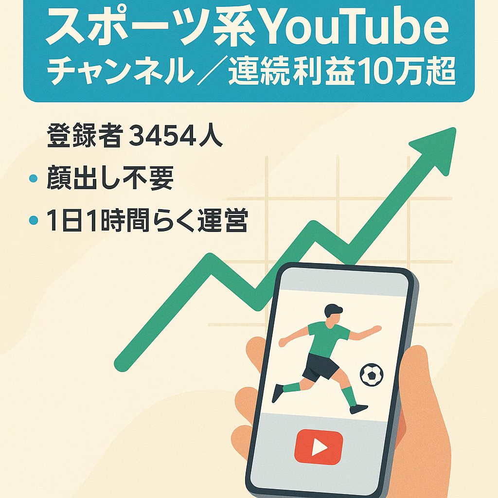 【２ヶ月連続利益10万円以上】今が旬なスポーツジャンル!!チャンネル登録者3,454名【顔出し不要/属人性なし】1日１時間作業で運営可能！
