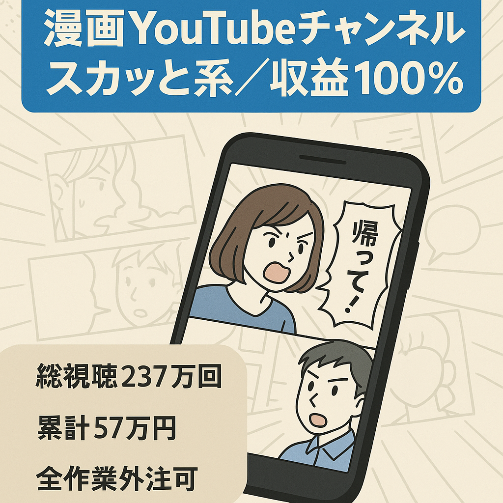【総再生237.3万回!!】収益は100％！折版不要のスカッと系Youtube漫画チャンネル【フル外注可能】