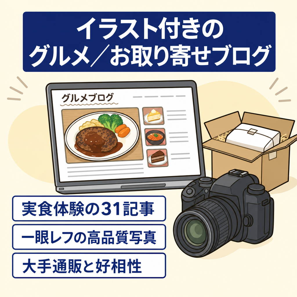 実食体験｜31記事掲載のグルメ・お取り寄せ特化ブログ（臨場感ある写真＋イラストのクオリティあり）