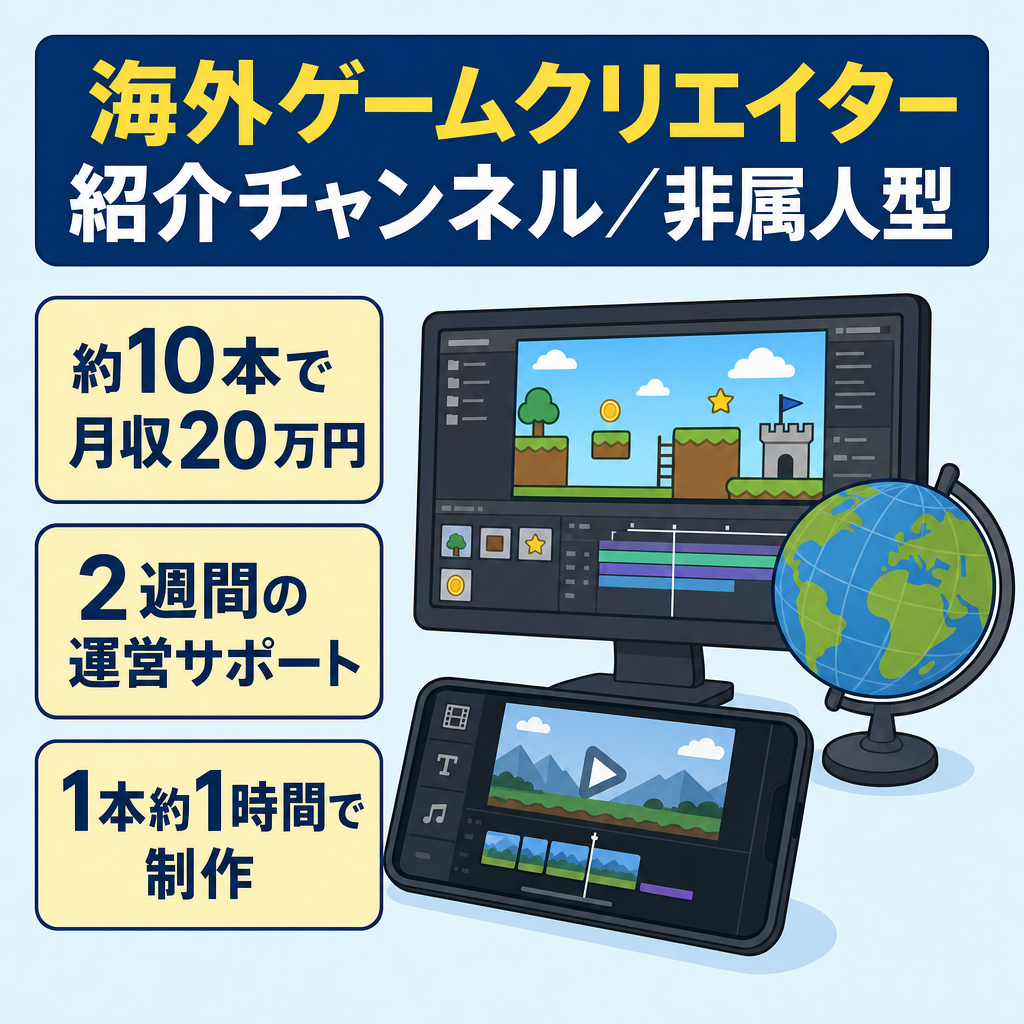 【10本前後の投稿で月収20万】累計再生数6000万回以上/海外ゲームクリエイター紹介チャンネル/非属人性