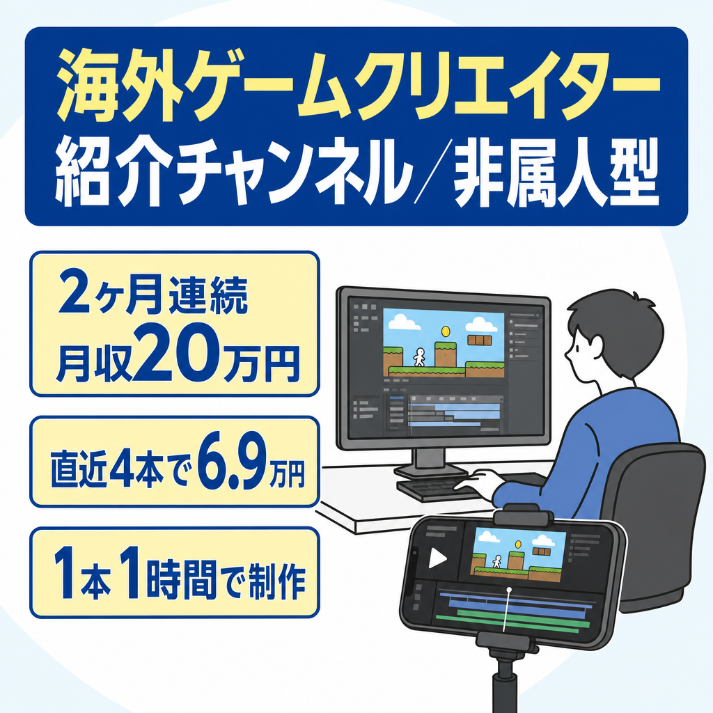 【10本前後の投稿で月収20万】直近4本投稿で6.9万円/海外ゲームクリエイター紹介チャンネル/非属人性