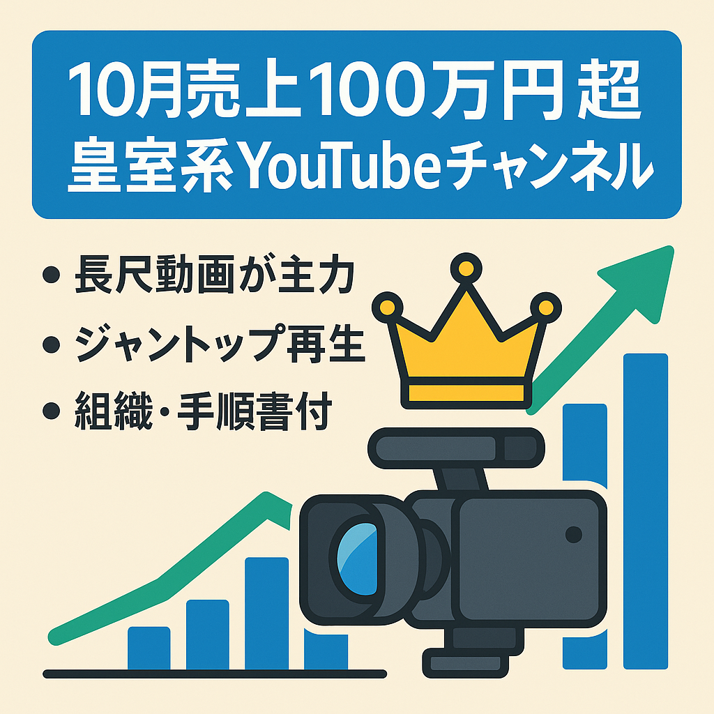 【10月売上100万超見込み】【即決優遇】皇室系ジャンルのYouTubeチャンネル！組織丸ごと＆マニュアル全て引き継ぎ！