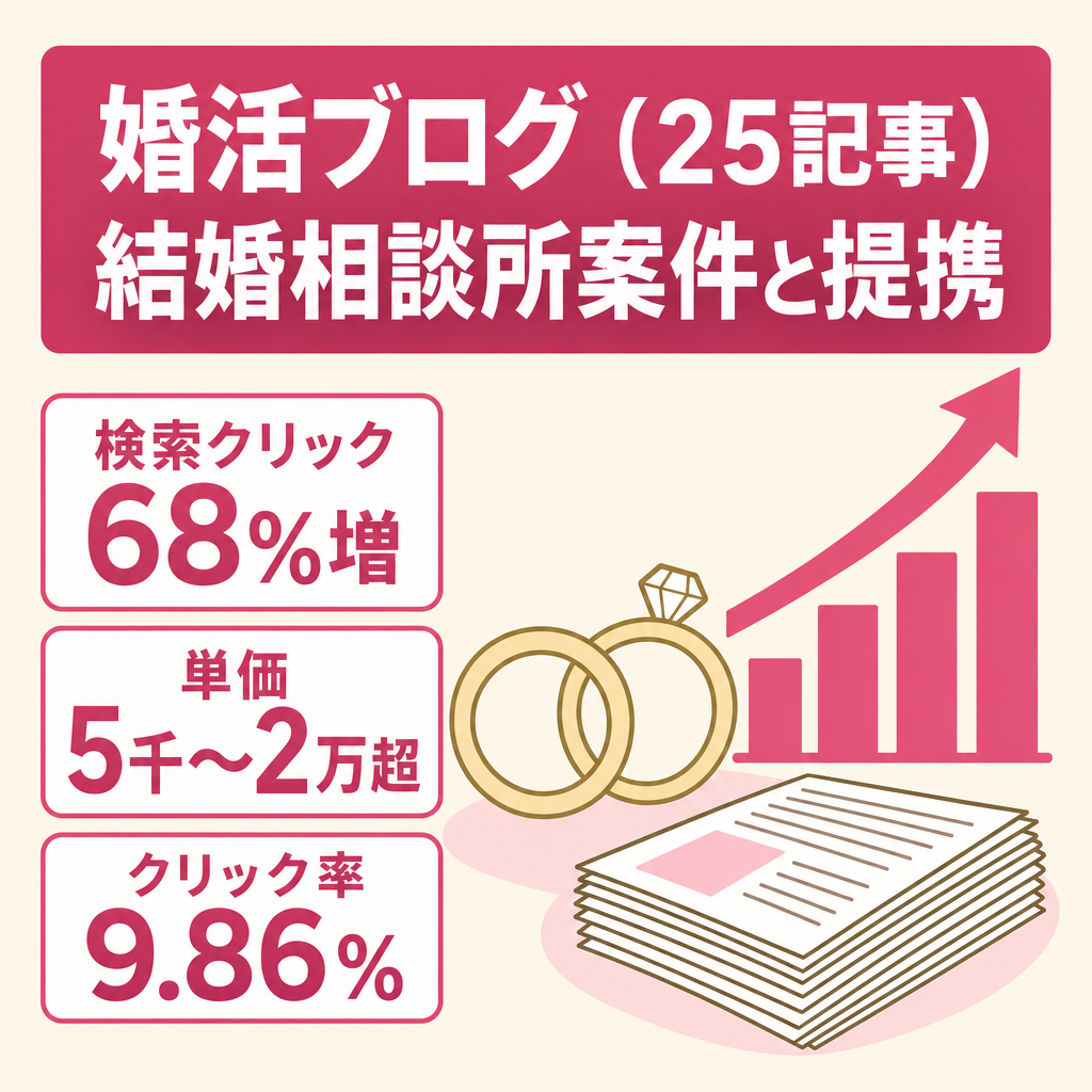 【高単価の婚活ジャンル】検索クリック前月比68%増・大手ASPの結婚相談所案件と提携済みブログ（25記事）