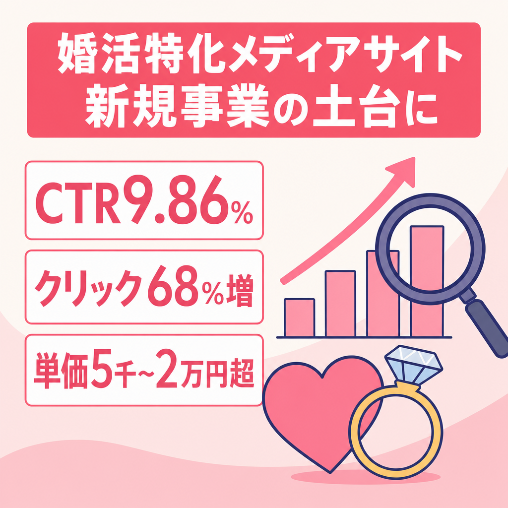 新規事業・特化サイトの土台に】平均CTR9.86%/クリック前月比68%増の高単価婚活メディア